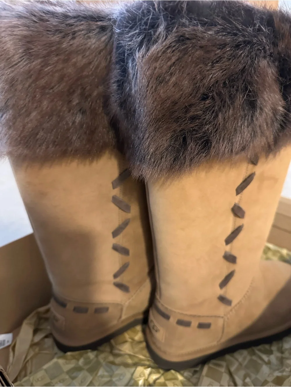 UGG Chestnut Suede Boots with Dark Brown Faux Fur Cuff